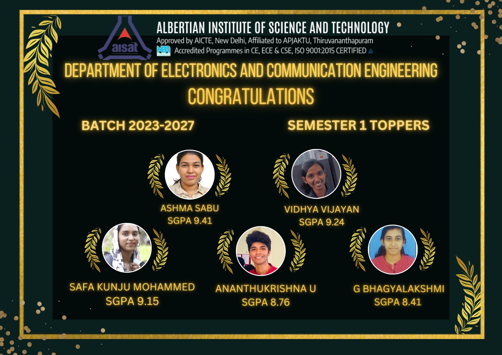 Congratulations to the APJAKTU Toppers of S1 ECE