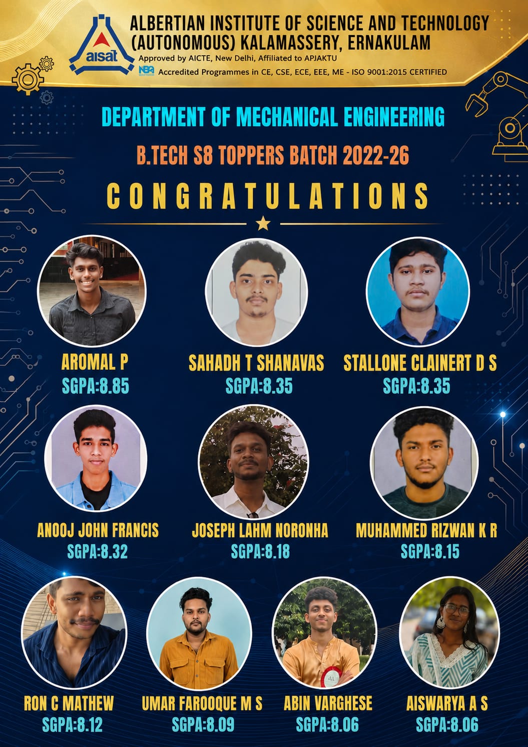 Congratulations to B.Tech S8 ME Toppers